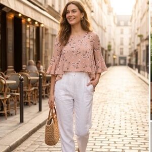 PLEIONE Dusty Rose Floral Bell Sleeve Tiered Blouse | Size Small